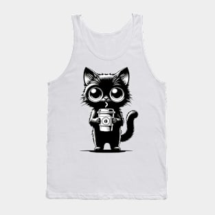 Cute Black Cat With Coffee Cup Chibi Kawaii Character Tank Top